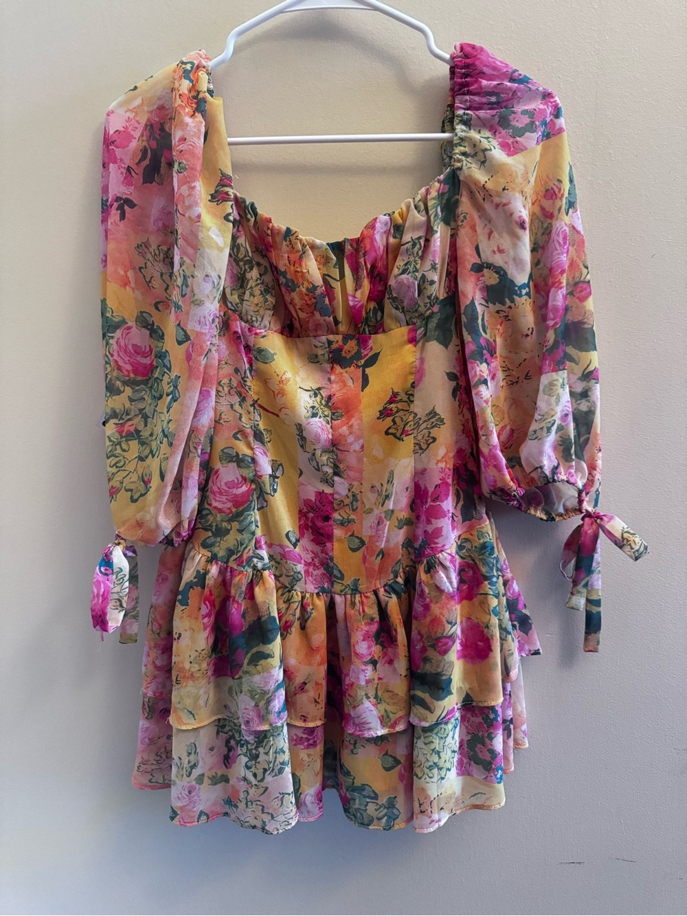 For Love Bell Floral Tiered Babydoll Top Puff Sleeve Women's Small